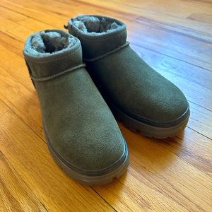 Ugg ultra mini clear rubber sole boot in Olive suede.